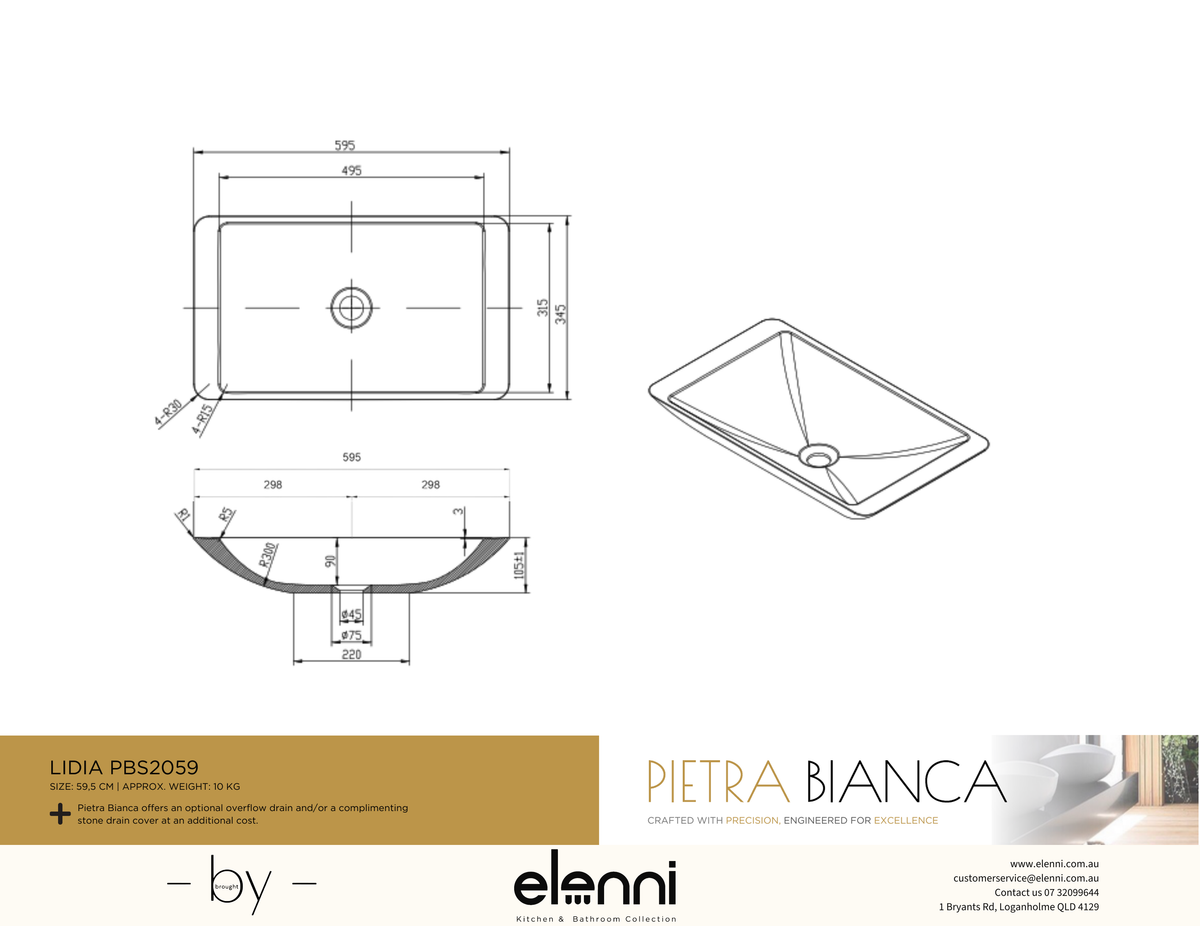 Lidia Above Counter Basin - Elenni specification drawing