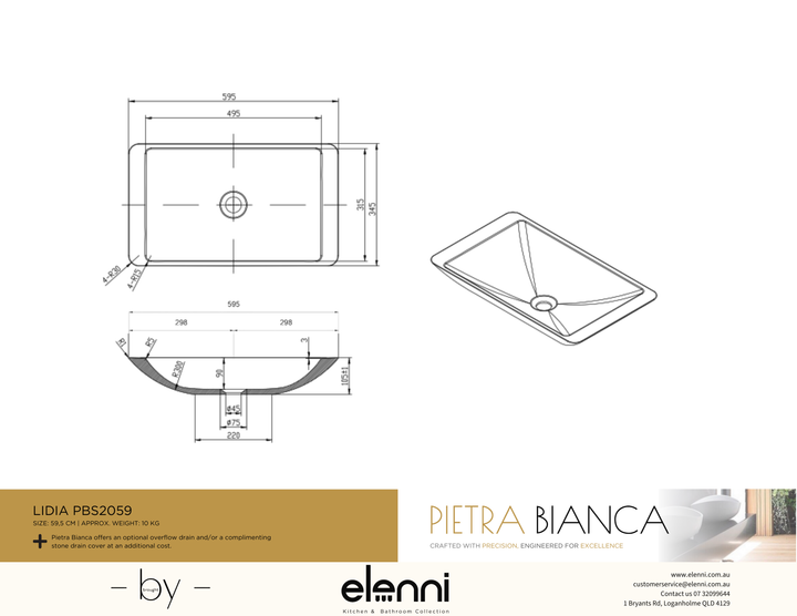 Lidia Above Counter Basin - Elenni specification drawing