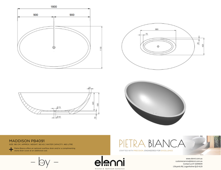 Maddison Freestanding Bath - Elenni specification drawing