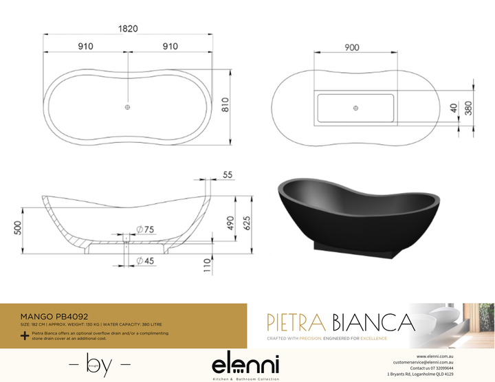 Mango Freestanding Bath - Elenni specification drawing