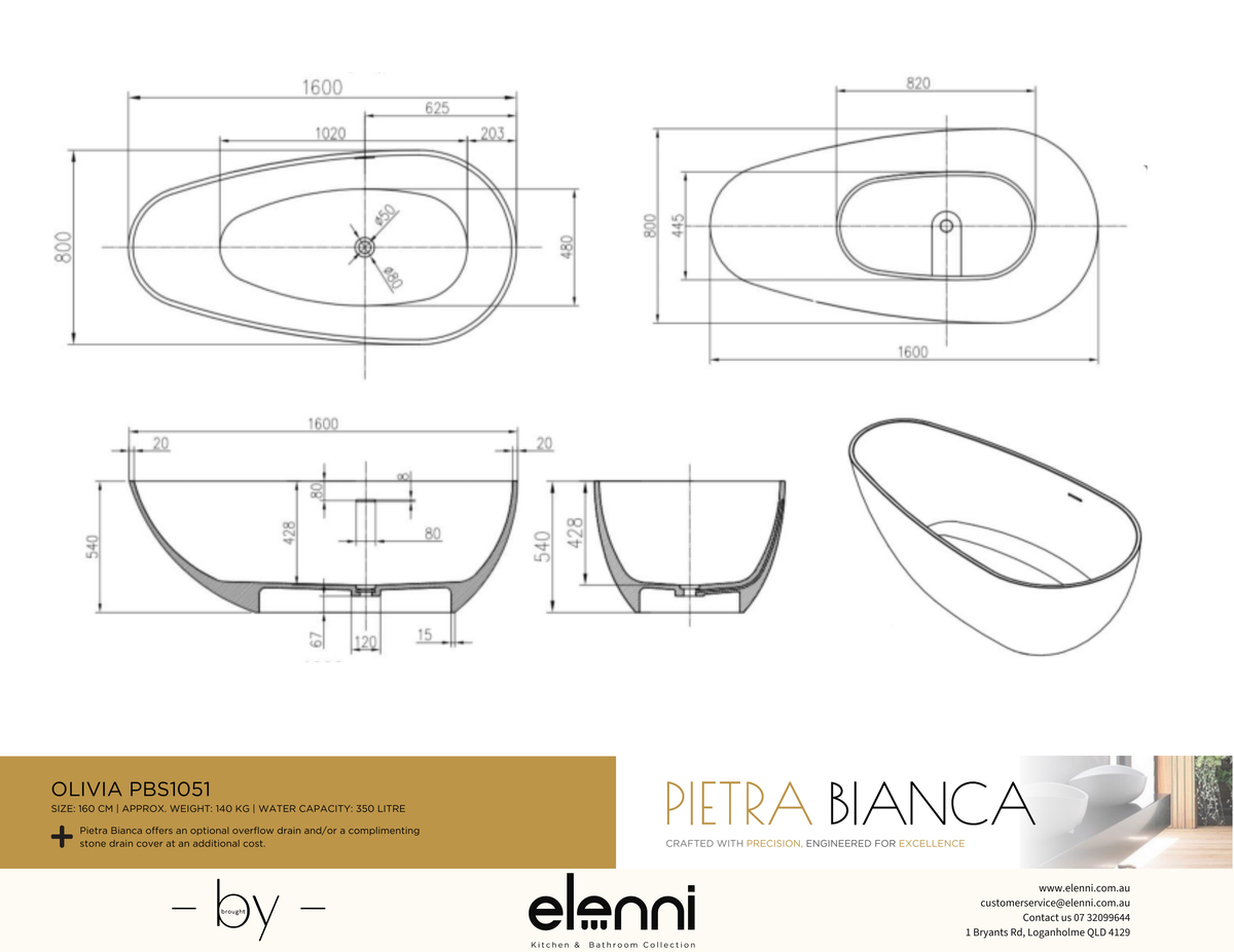 Olivia 1600mm Freestanding Bath - Elenni specification drawing