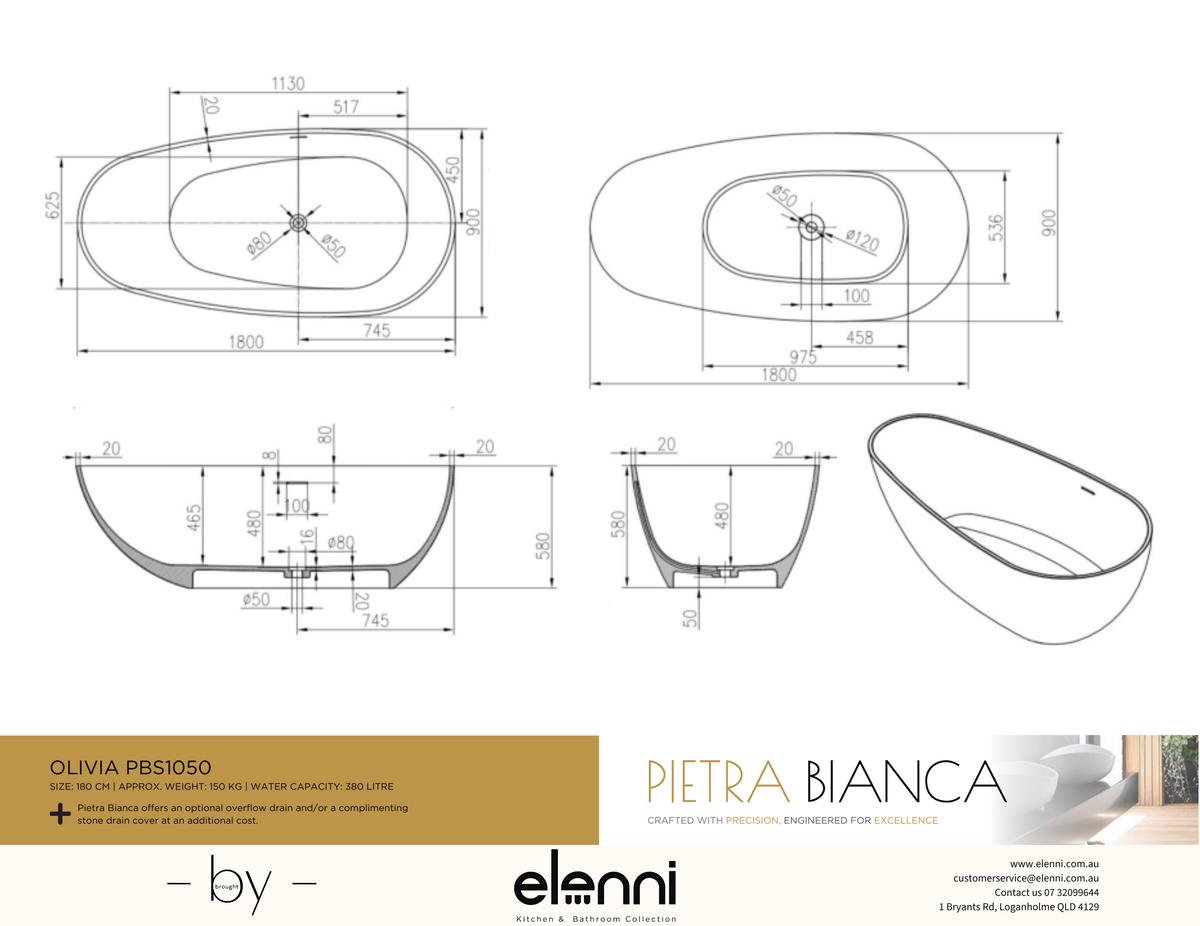 Olivia 1800mm Freestanding Bath - Elenni specification drawing