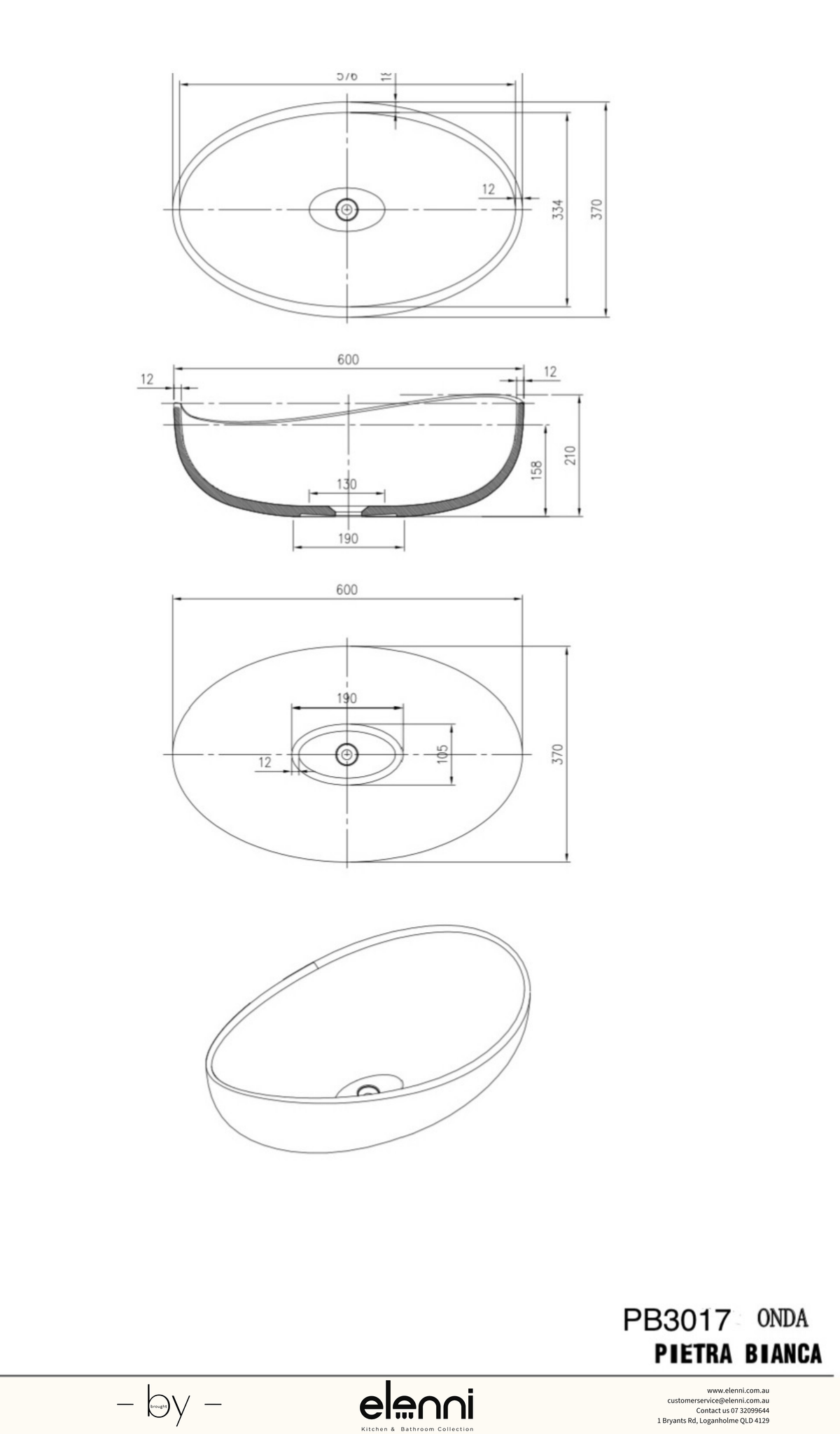 Onda 600mm Above Counter Basin - Elenni specification drawing