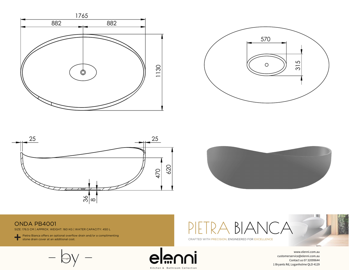 Onda Freestanding Bath - Elenni specification drawing