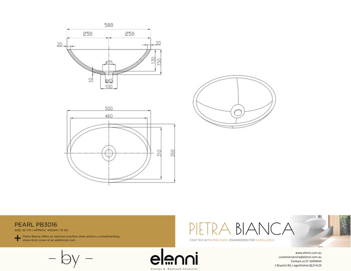 Pearl Above Counter Basin - Elenni specification drawing
