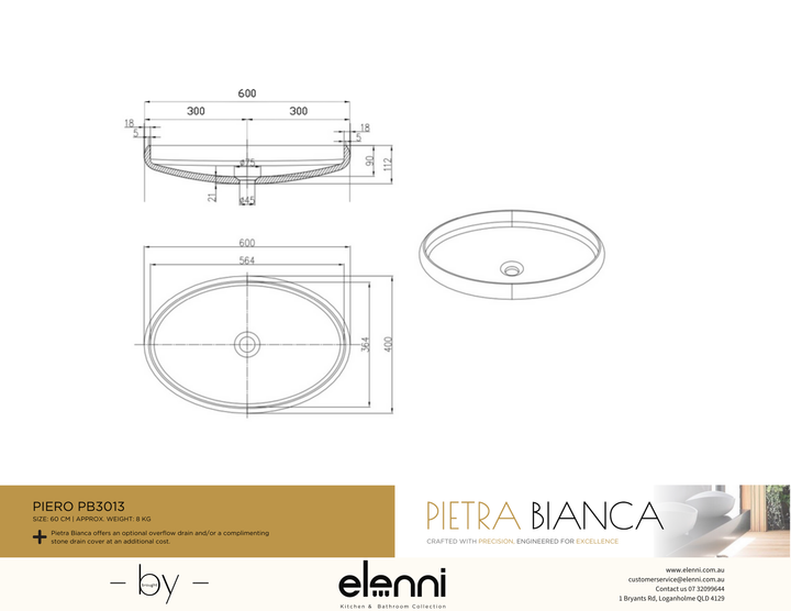 Piero Above Counter Basin - Elenni specification drawing