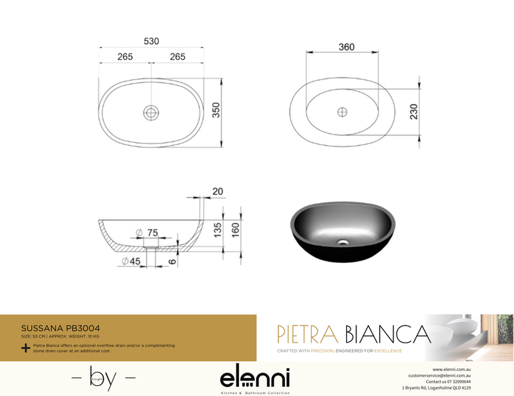Sussana Above Counter Basin - Elenni specification drawing