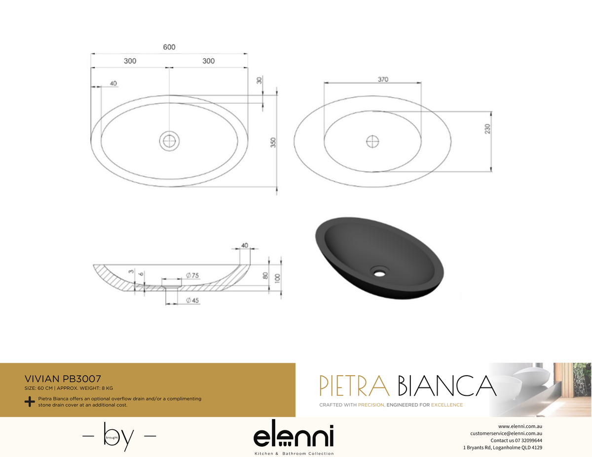 Vivian Above Counter Basin - Elenni specification drawing