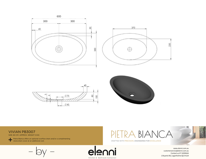 Vivian Above Counter Basin - Elenni specification drawing