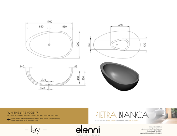 Whitney 1700mm Freestanding Bath - Elenni specification drawing