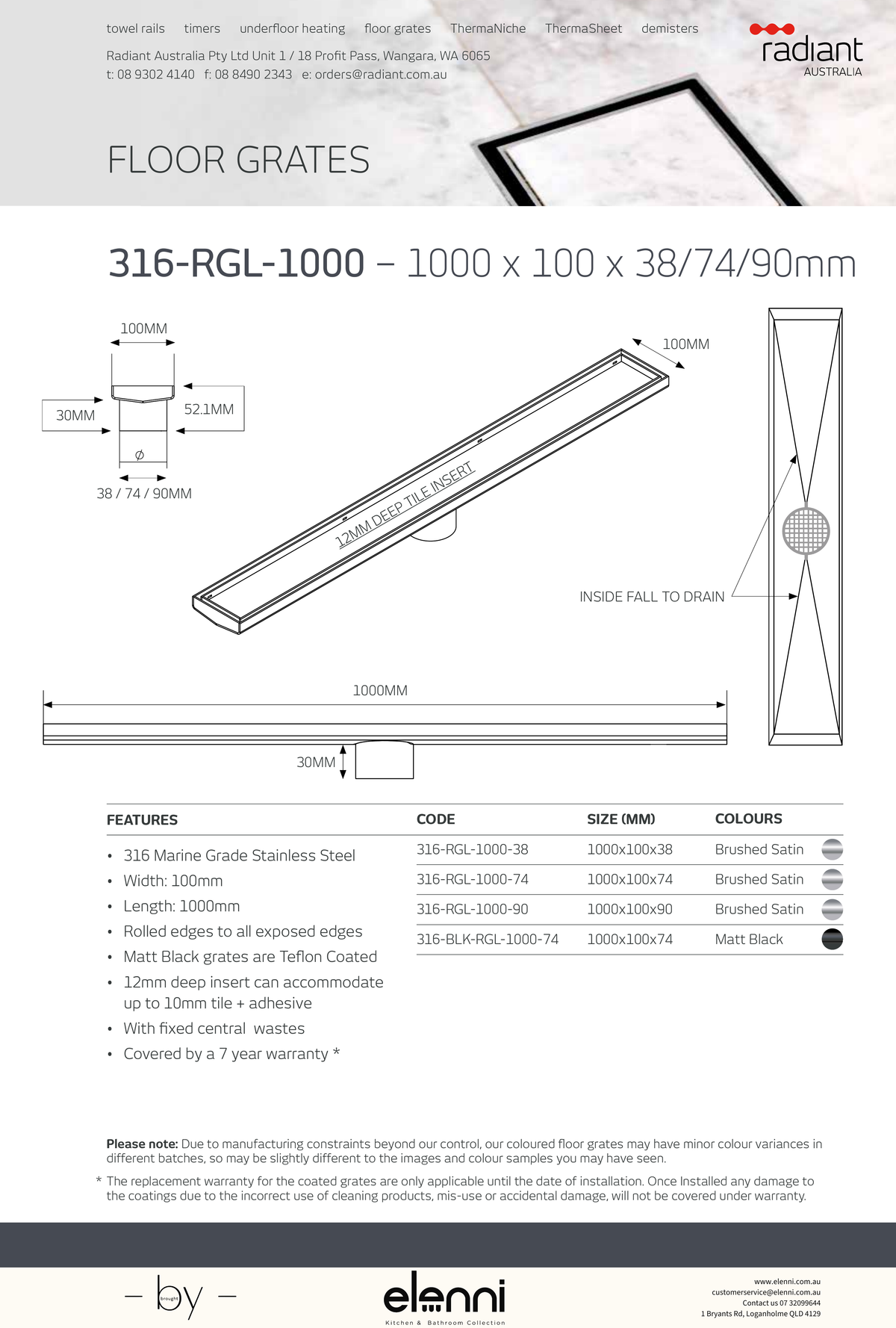 Linear Tile Insert Floor Grate - 316-RGL-1000 - Elenni specification drawing