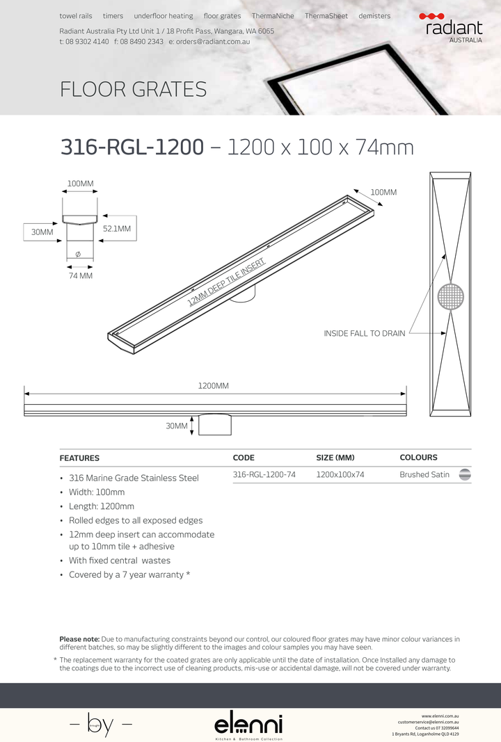 Linear Tile Insert Floor Grate - 316-RGL-1200 - Elenni specification drawing