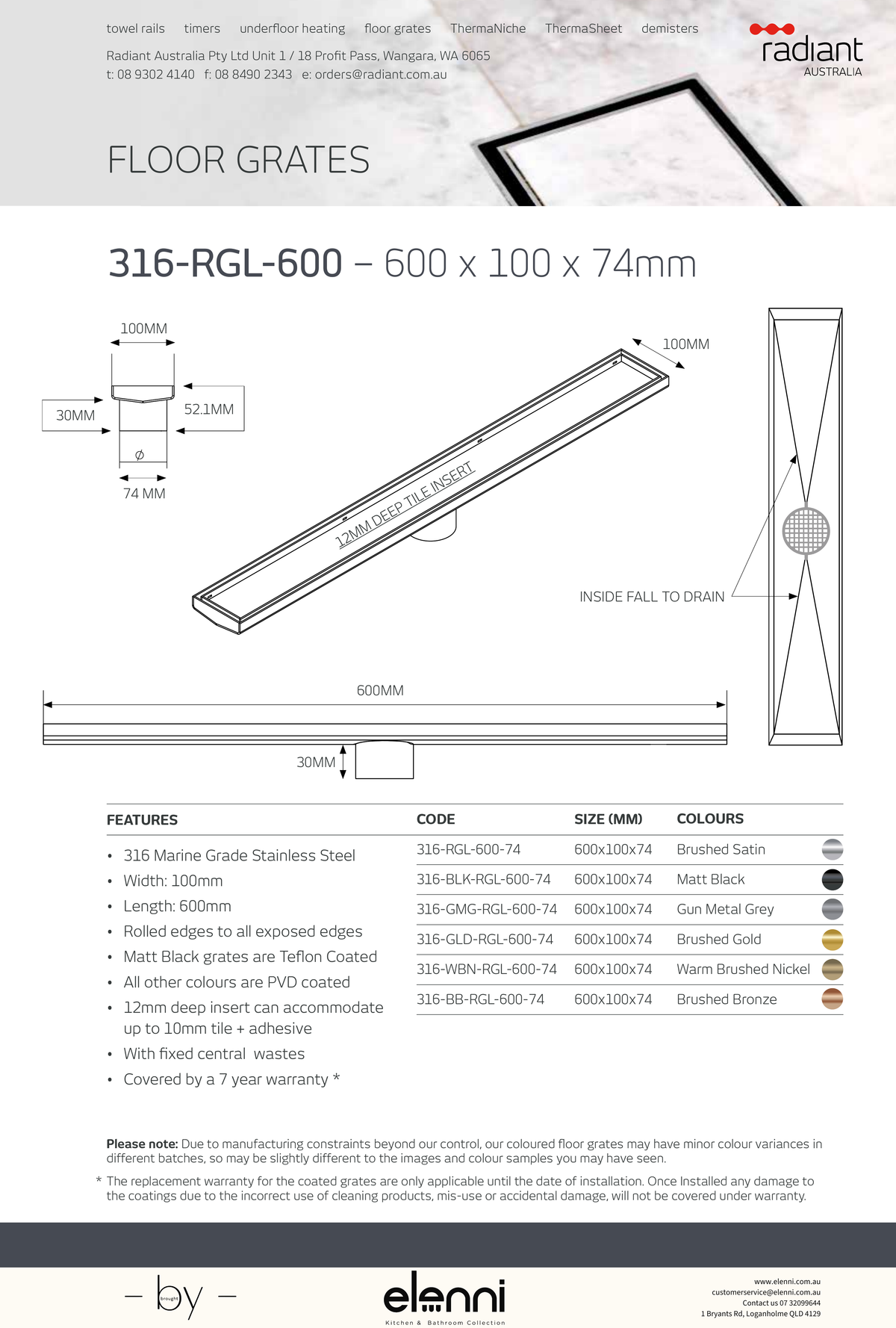 Linear Tile Insert Floor Grate - 316-RGL-600 - Elenni specification drawing