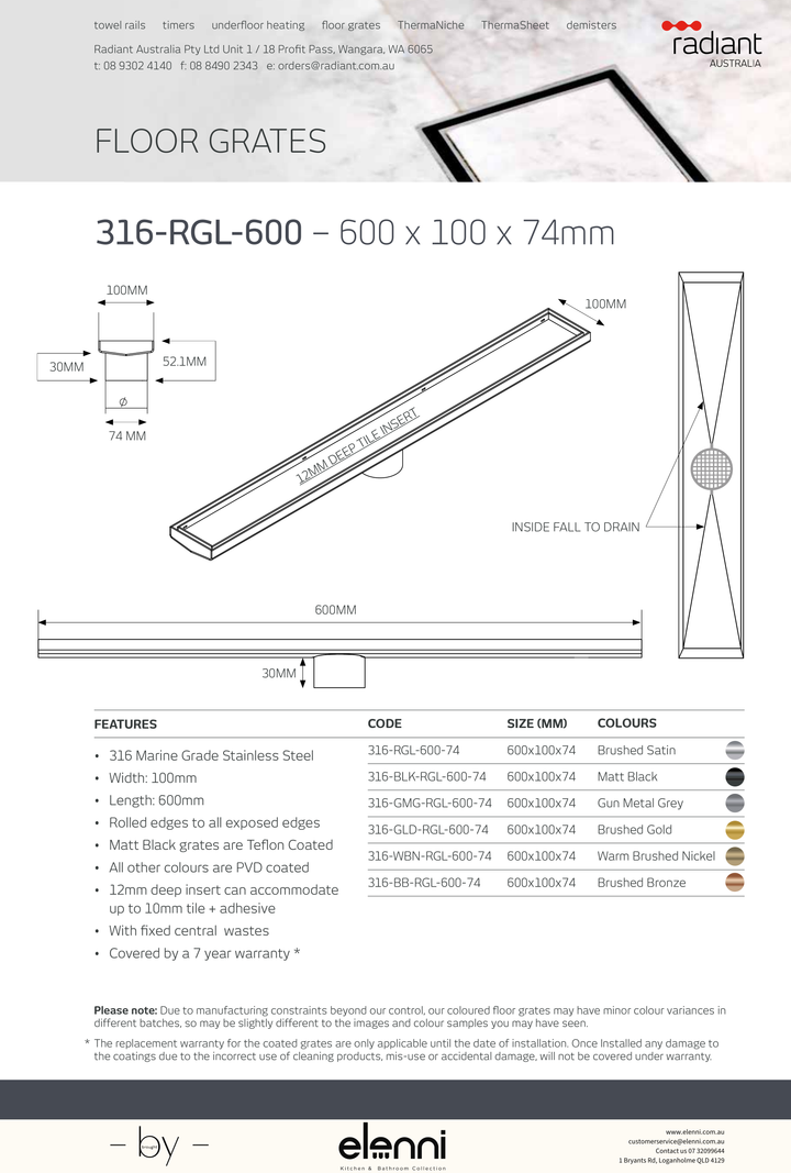 Linear Tile Insert Floor Grate - 316-RGL-600 - Elenni specification drawing