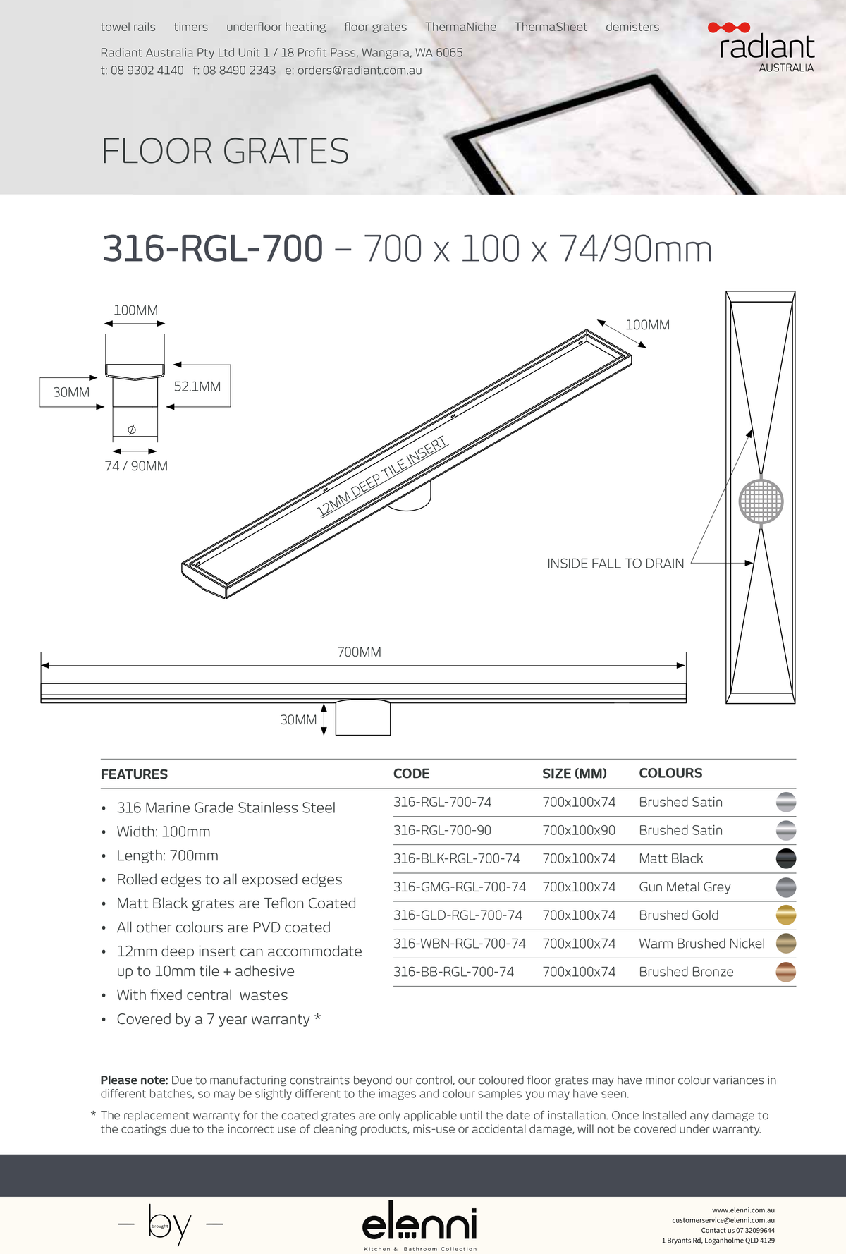Linear Tile Insert Floor Grate - 316-RGL-700 - Elenni specification drawing