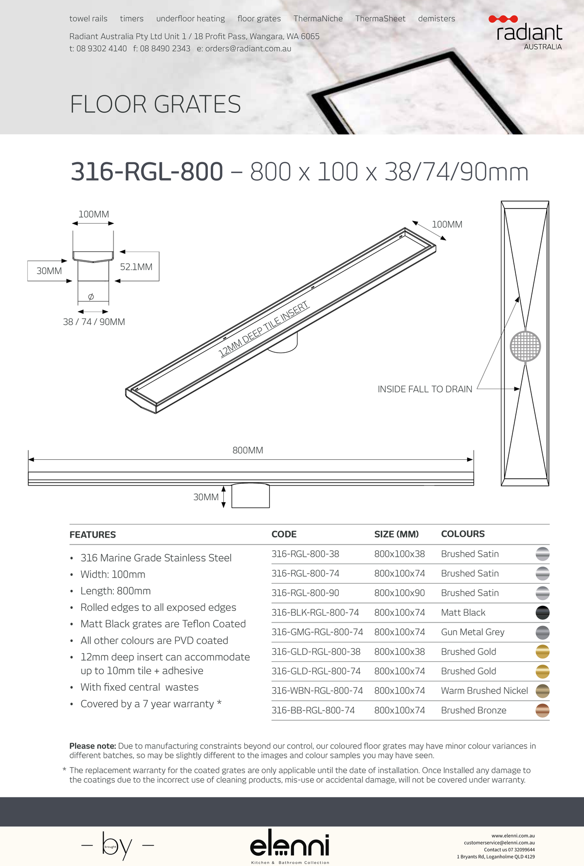 Linear Tile Insert Floor Grate - 316-RGL-800 - Elenni specification drawing