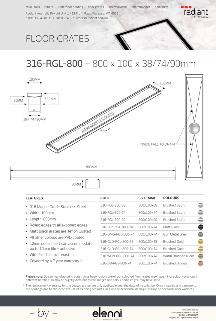 Linear Tile Insert Floor Grate - 316-RGL-800 - Elenni specification drawing