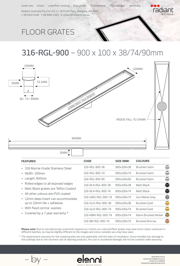 Linear Tile Insert Floor Grate - 316-RGL-900 - Elenni specification drawing