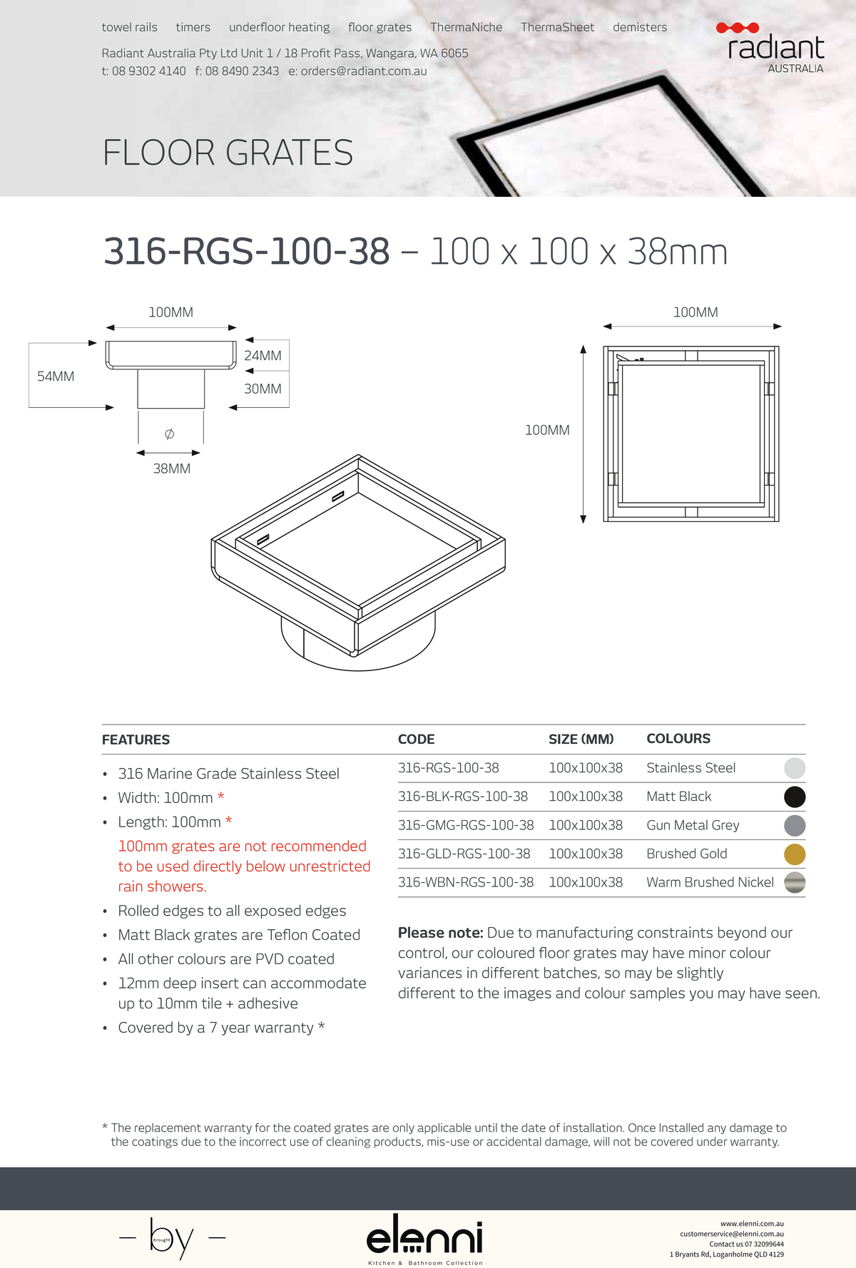 Square Tile Insert Floor Grate - 316-RGS-100-38 - Elenni specification drawing