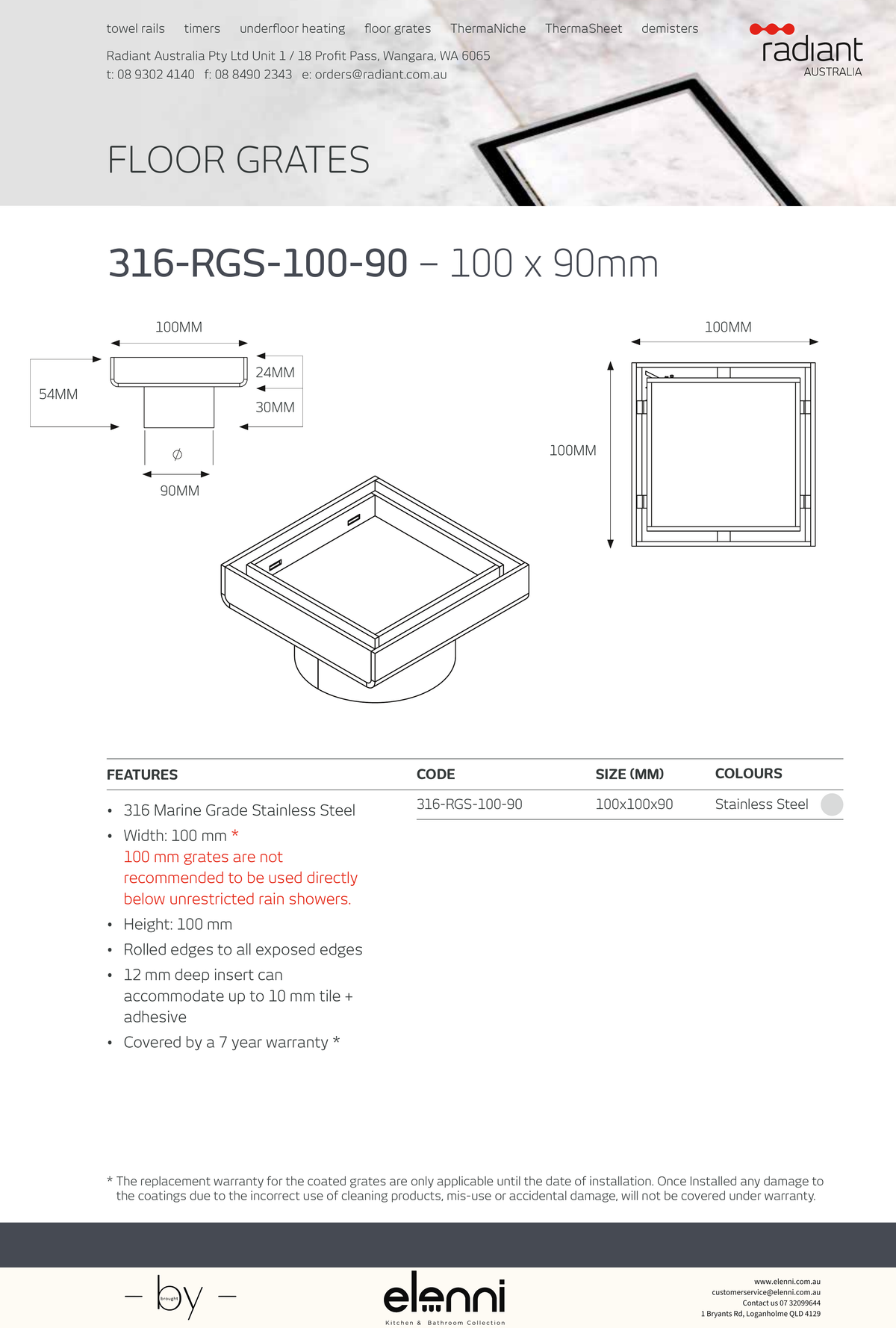 Square Tile Insert Floor Grate - 316-RGS-100-90 - Elenni specification drawing