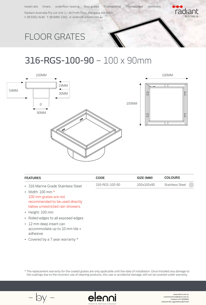 Square Tile Insert Floor Grate - 316-RGS-100-90 - Elenni specification drawing