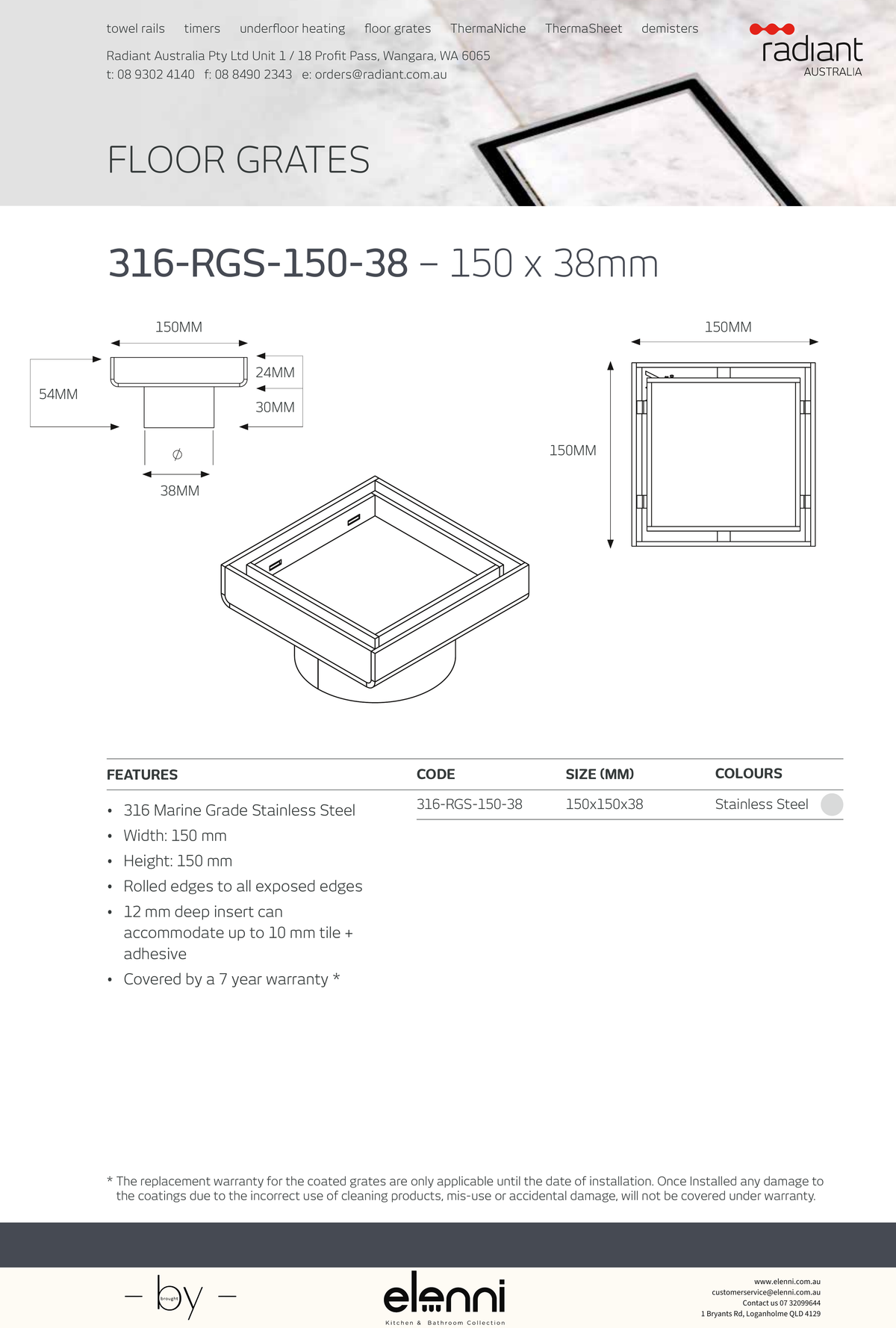 Square Tile Insert Floor Grate - 316-RGS-150-38 - Elenni specification drawing