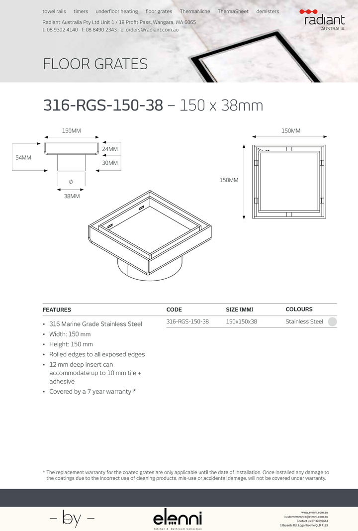 Square Tile Insert Floor Grate - 316-RGS-150-38 - Elenni specification drawing