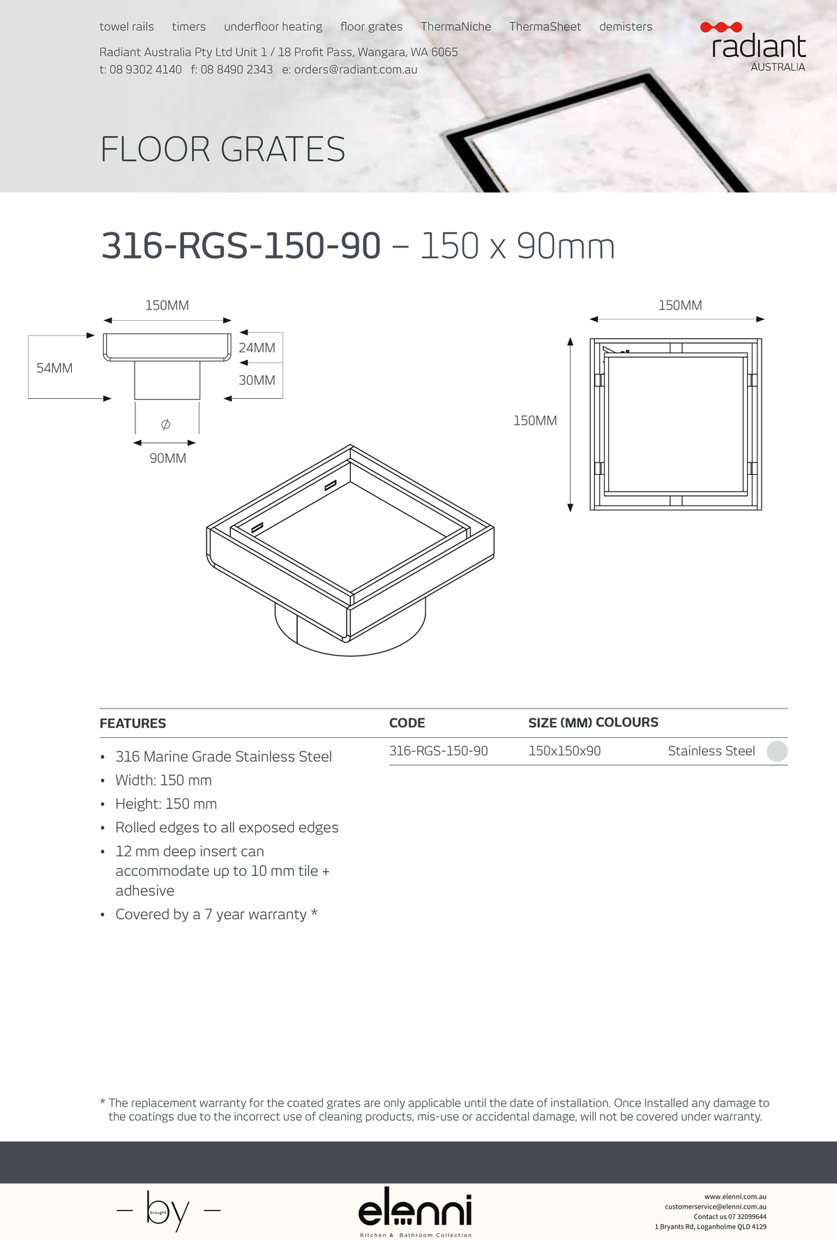 Square Tile Insert Floor Grate - 316-RGS-150-90 - Elenni specification drawing