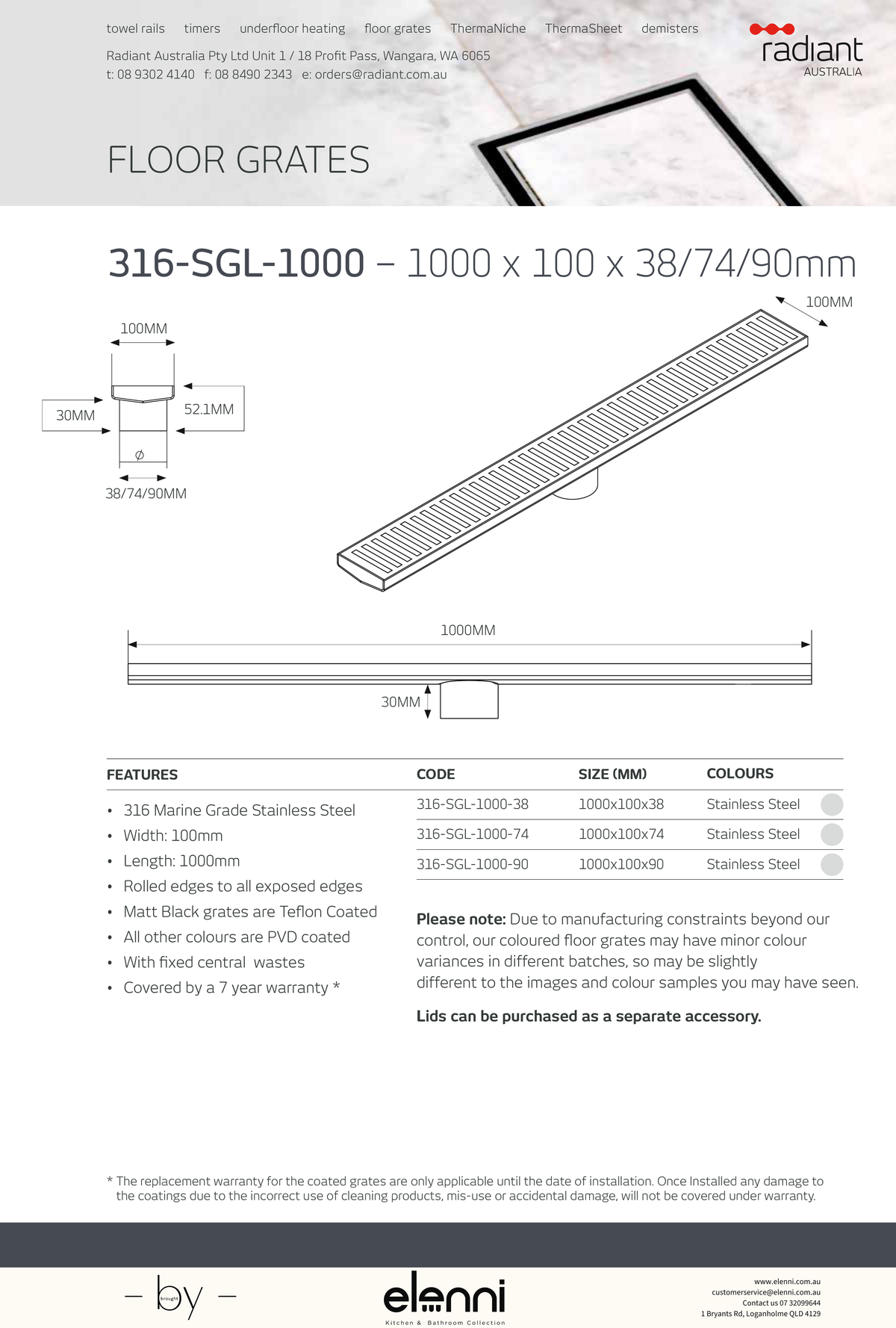 Linear Slotted Floor Grate - 316-SGL-1000 - Elenni specification drawing