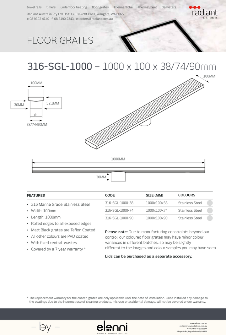 Linear Slotted Floor Grate - 316-SGL-1000 - Elenni specification drawing