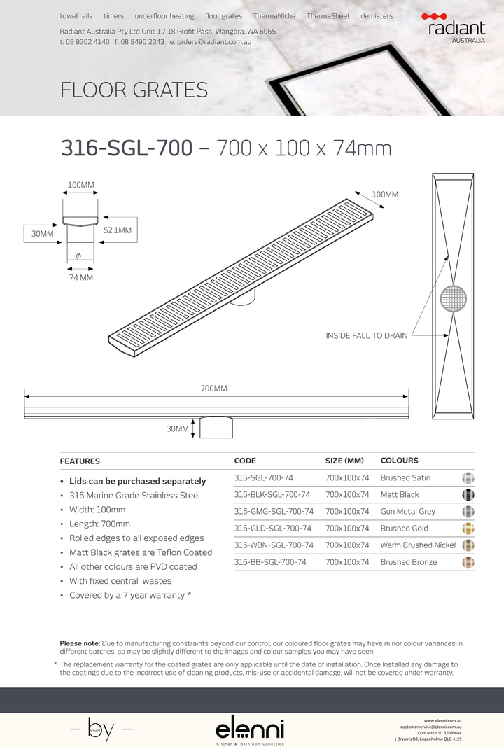 Linear Slotted Floor Grate - 316-SGL-700 - Elenni specification drawing