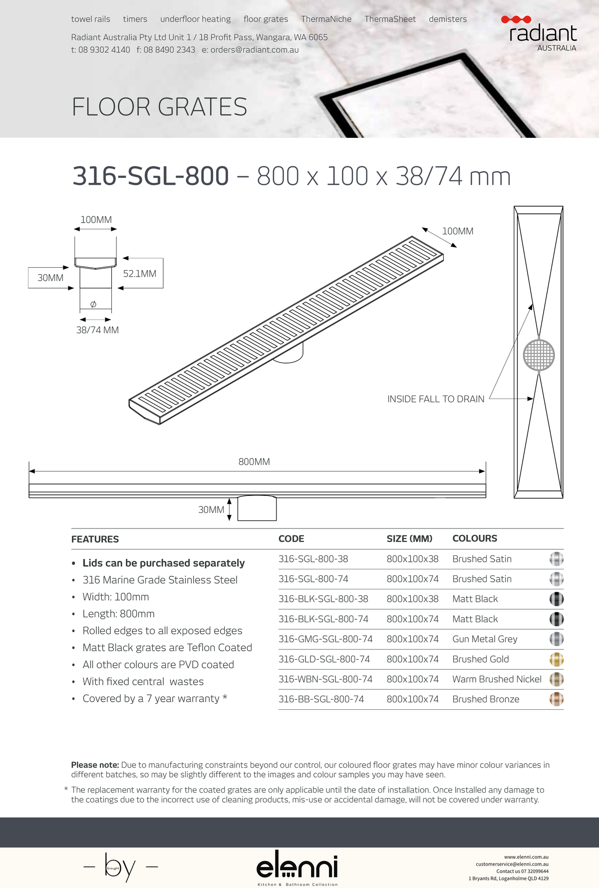 Linear Slotted Floor Grate - 316-SGL-800 - Elenni specification drawing