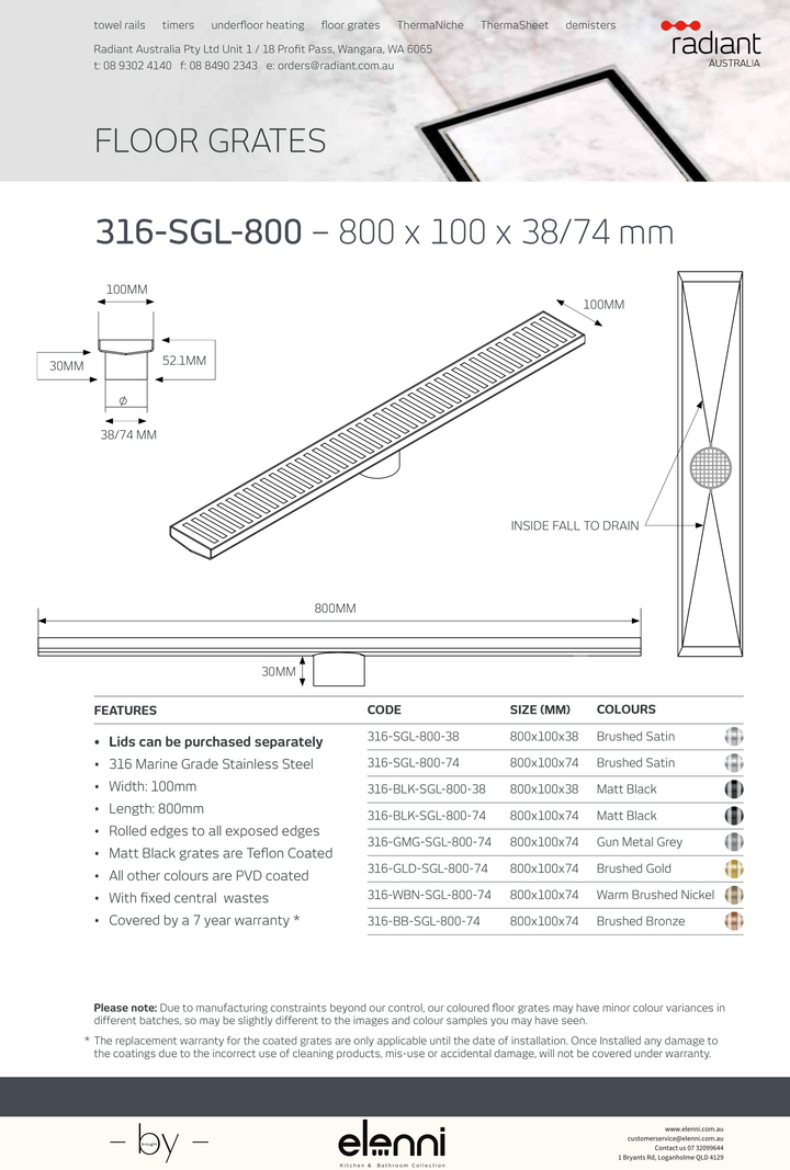 Linear Slotted Floor Grate - 316-SGL-800 - Elenni specification drawing