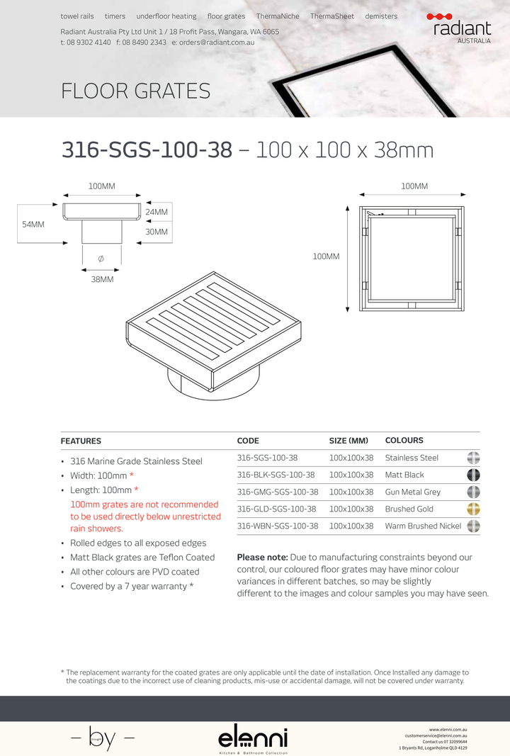 Square Slotted Floor Grate 100 x 100mm - 316-SGS-100-38 - Elenni specification drawing