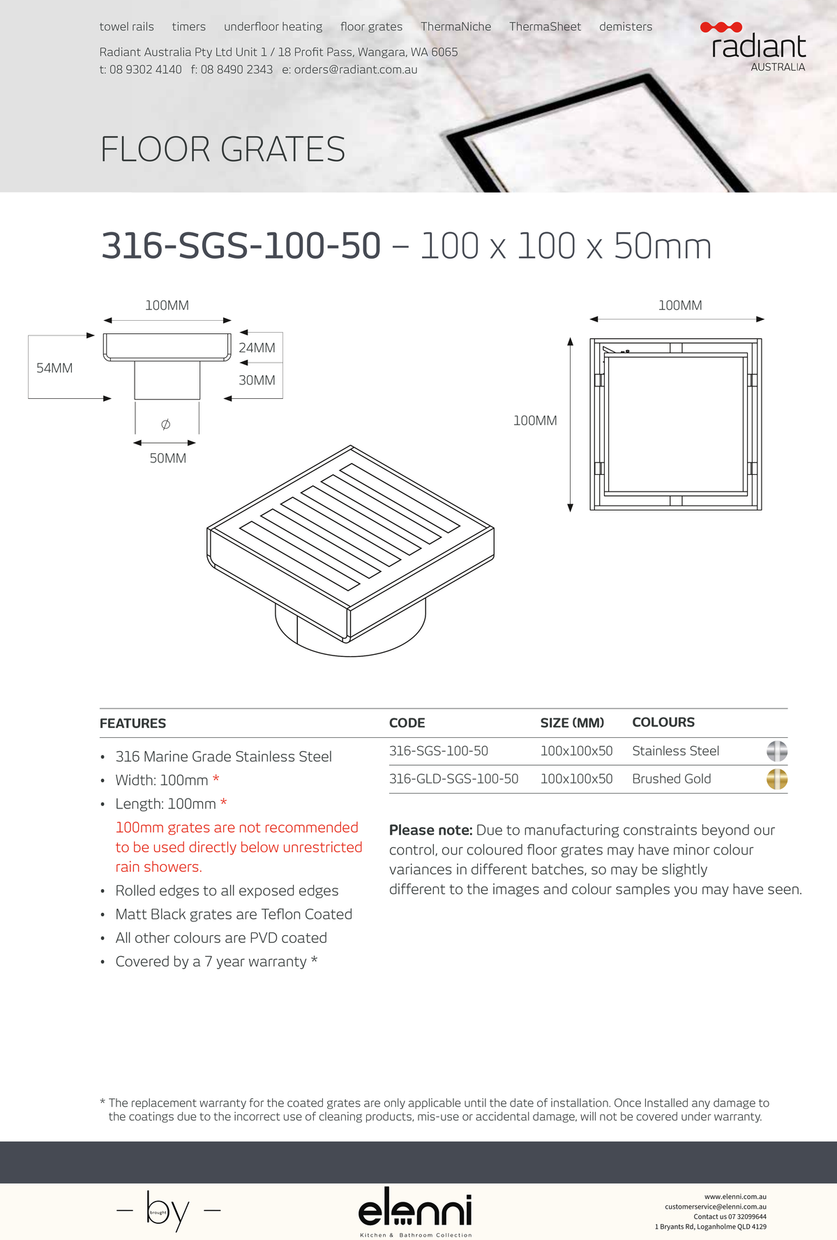 Square Slotted Floor Grate 100 x 100mm - 316-SGS-100-50 - Elenni specification drawing