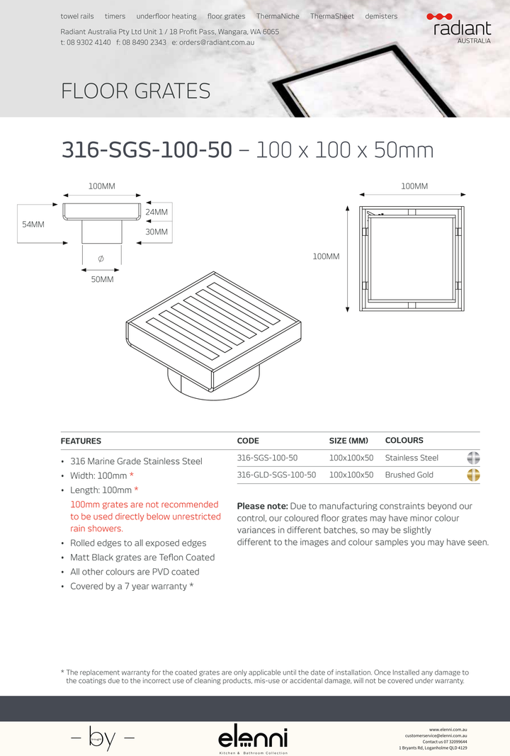 Square Slotted Floor Grate 100 x 100mm - 316-SGS-100-50 - Elenni specification drawing