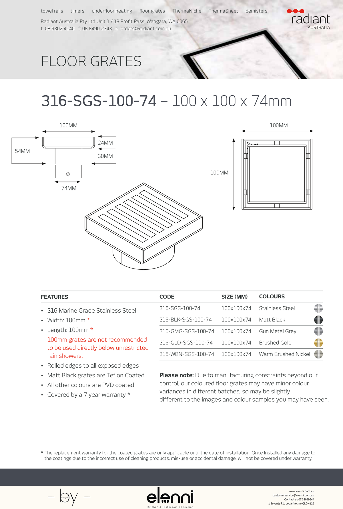Square Slotted Floor Grate 100 x 100mm - 316-SGS-100-74 - Elenni specification drawing