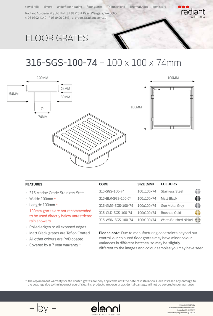 Square Slotted Floor Grate 100 x 100mm - 316-SGS-100-74 - Elenni specification drawing