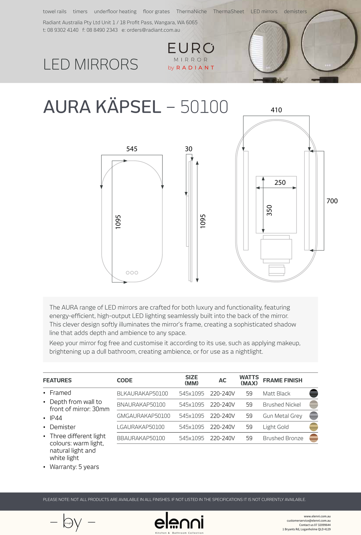 AURA Kapsel Pill LED Mirror - AURA KAPSEL 50100 - Elenni specification drawing