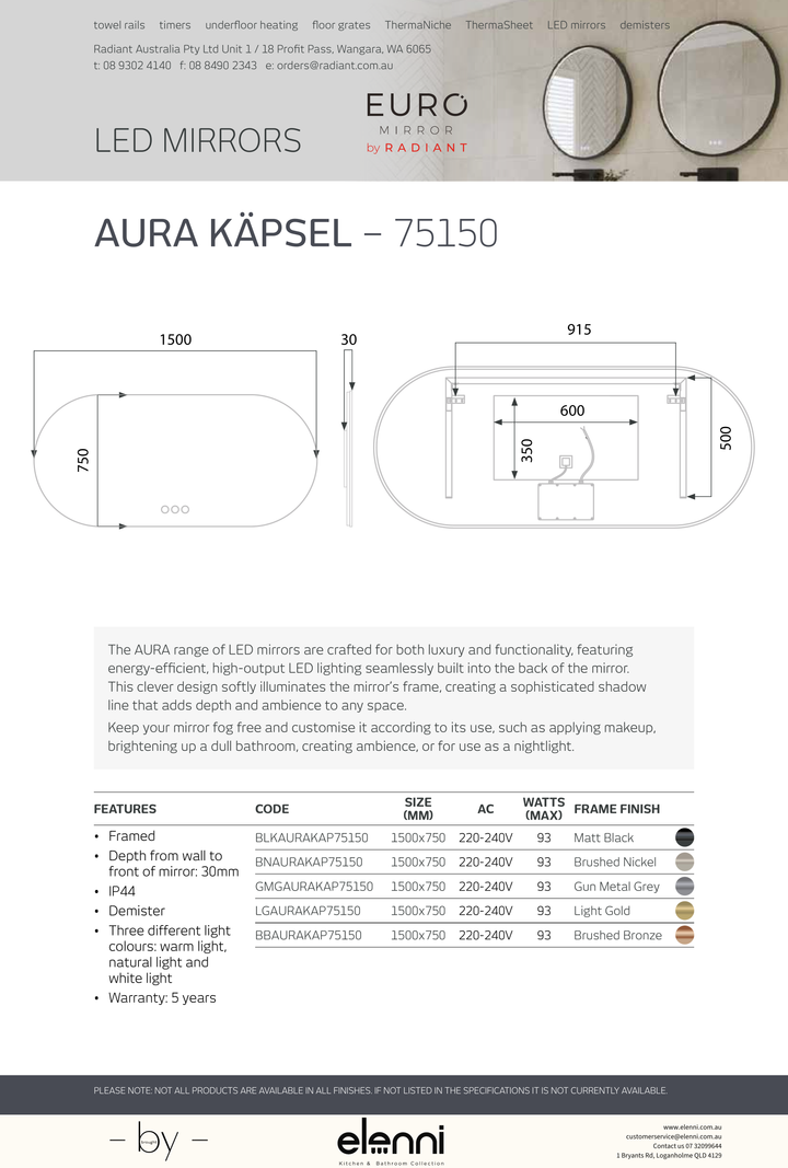 AURA Kapsel Pill LED Mirror - AURA KAPSEL 75150 - Elenni specification drawing