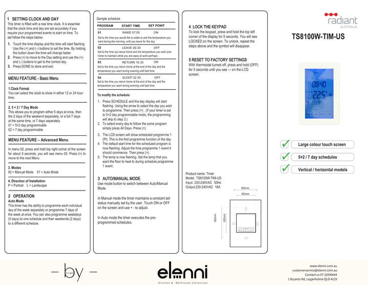 Radiant Digital Timer Switch for Heated Towel Rails - Universal Orientation - Elenni Kiri specification drawing