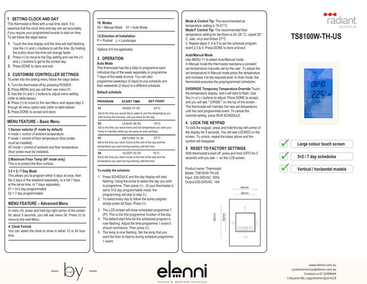 Radiant Digital Underfloor Heating Thermostat - Universal Orientation - Elenni Kiri specification drawing