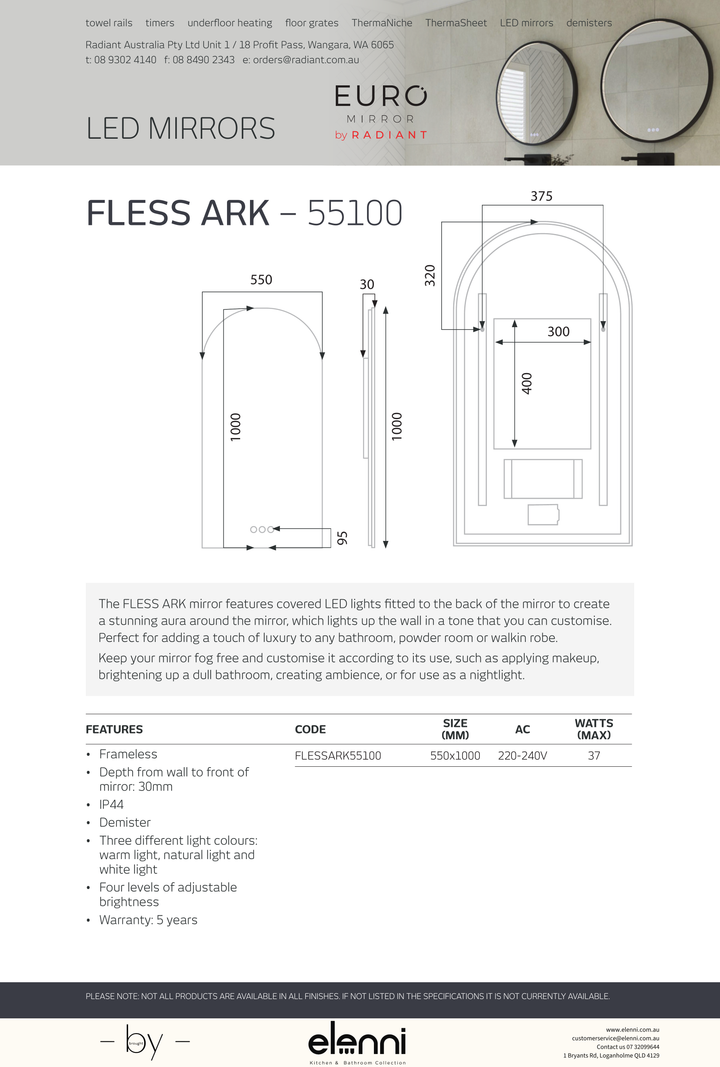FLESS Ark Arch Frameless LED Mirror - FLESS ARK 55100 - Elenni specification drawing