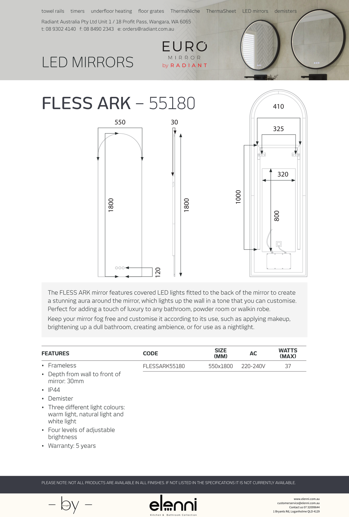 FLESS Ark Arch Frameless LED Mirror - FLESS ARK 55180 - Elenni specification drawing