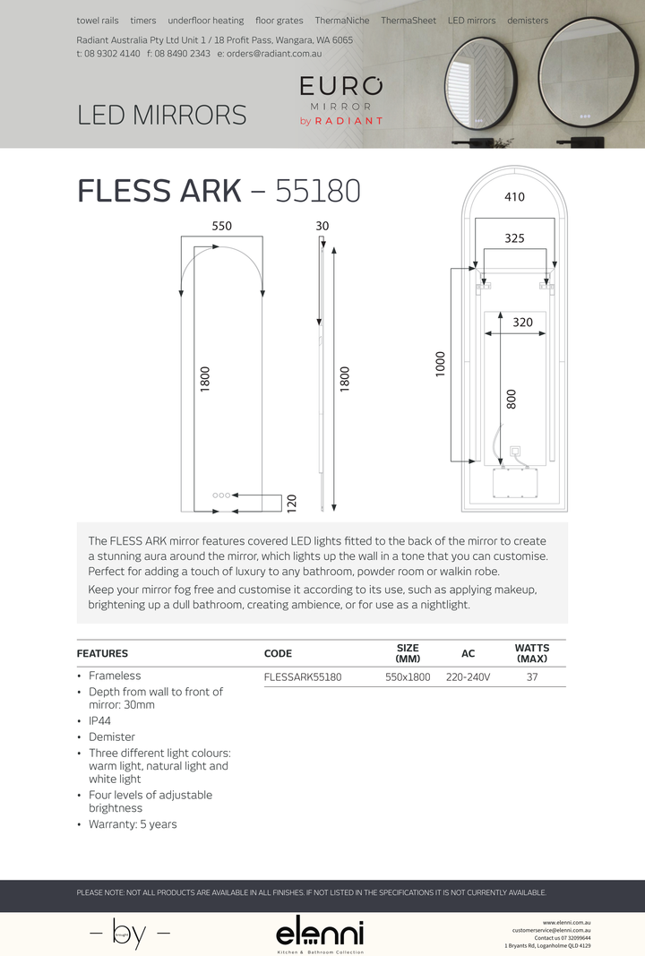 FLESS Ark Arch Frameless LED Mirror - FLESS ARK 55180 - Elenni specification drawing