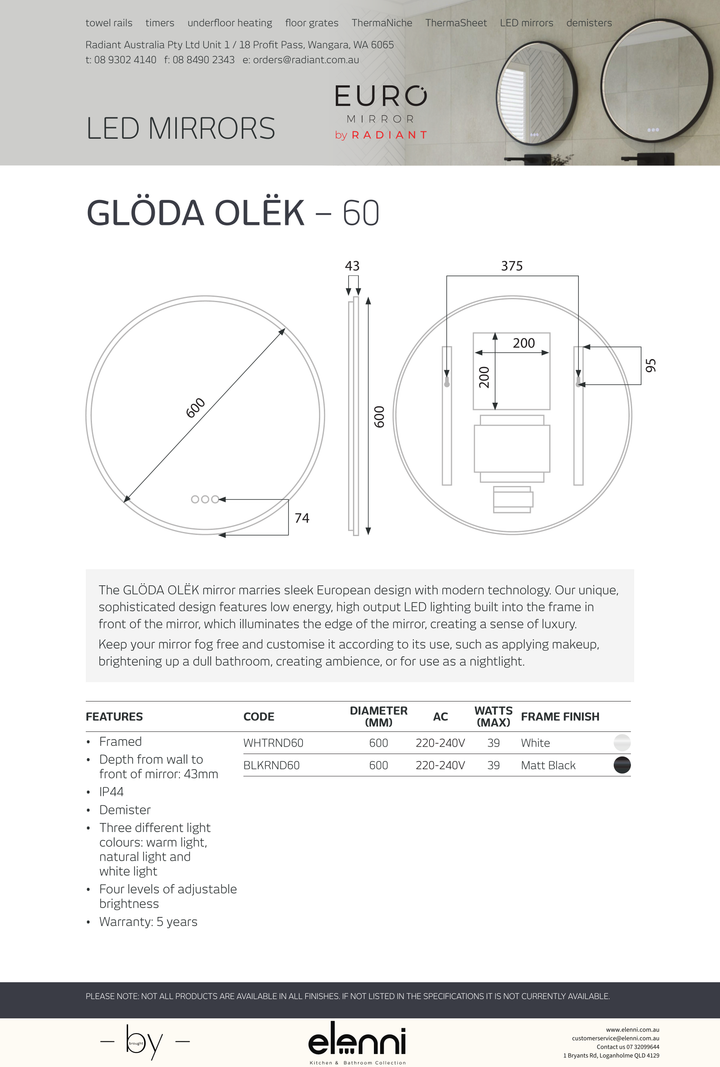 GLODA Olek Round LED Mirror - GLODA OLEK 60 - Elenni specification drawing