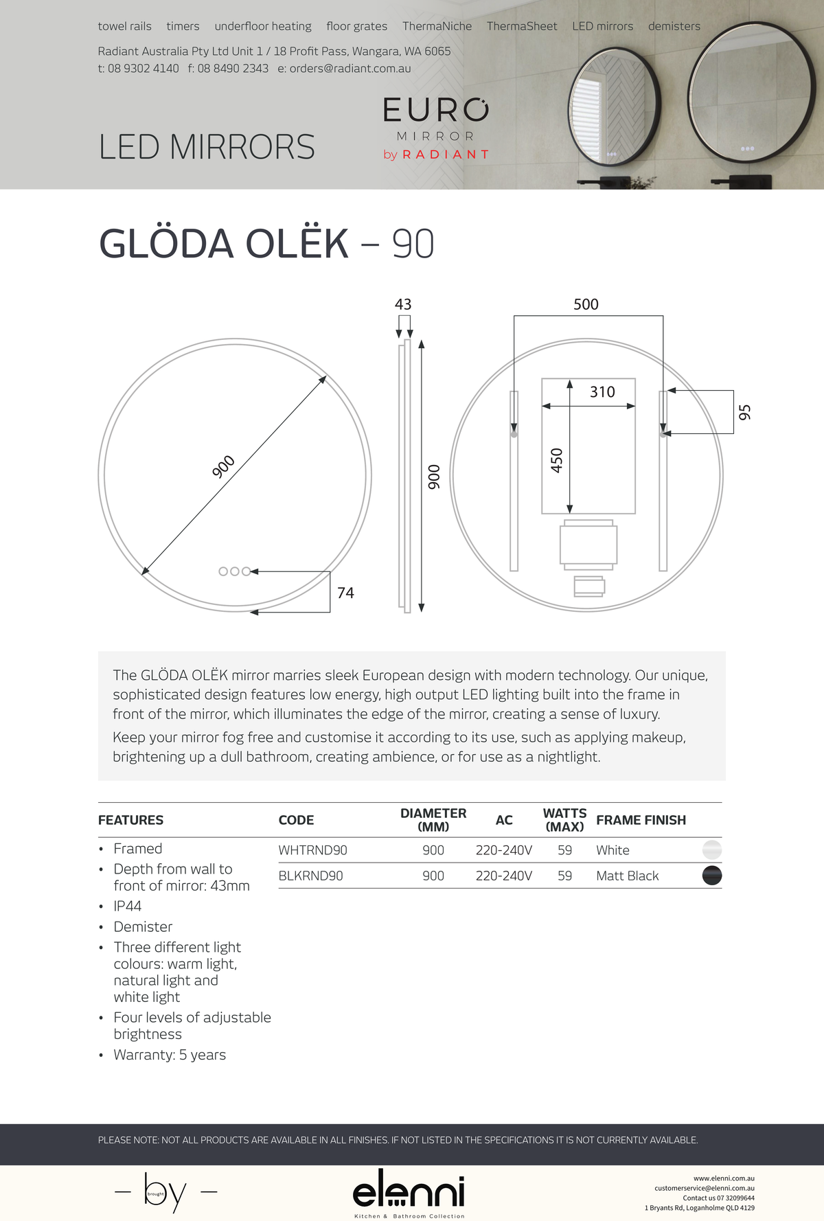 GLODA Olek Round LED Mirror - GLODA OLEK 90 - Elenni specification drawing