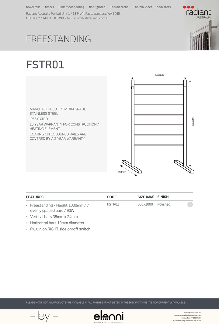 Radiant Heated Floor-Standing Towel Rail 600 x 1000mm - Elenni Kiri specification drawing