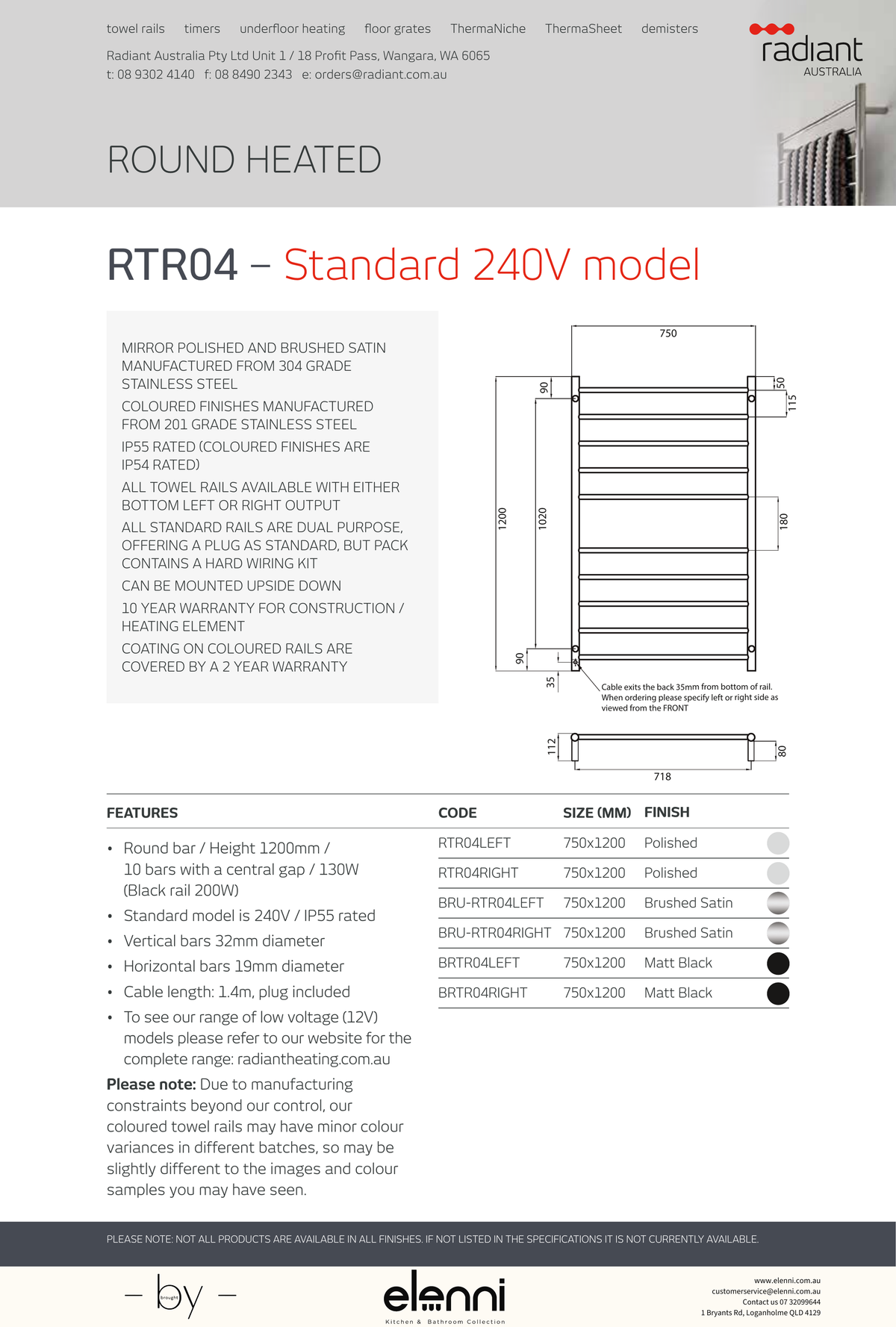 Radiant Heated Round Ladder Towel Rail 750 x 1200mm - Elenni Kiri specification drawing