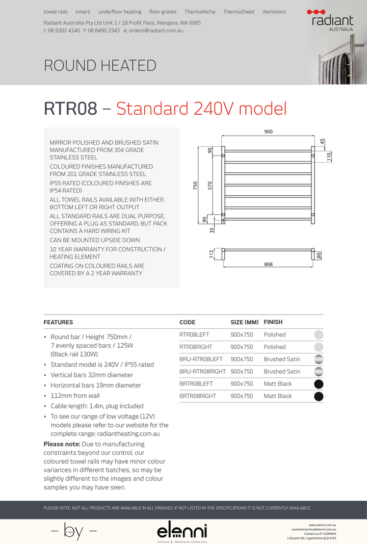 Radiant Heated Round Ladder Towel Rail 900 x 750mm - Elenni Kiri specification drawing